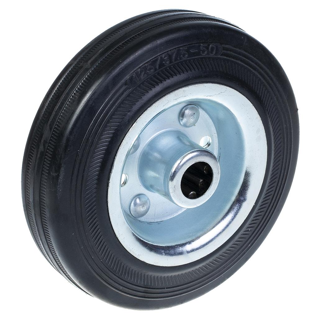 A-A01-125 125mm black rubber on pressed steel centre 14mm bore hub length 49mm roller bearing 120kg