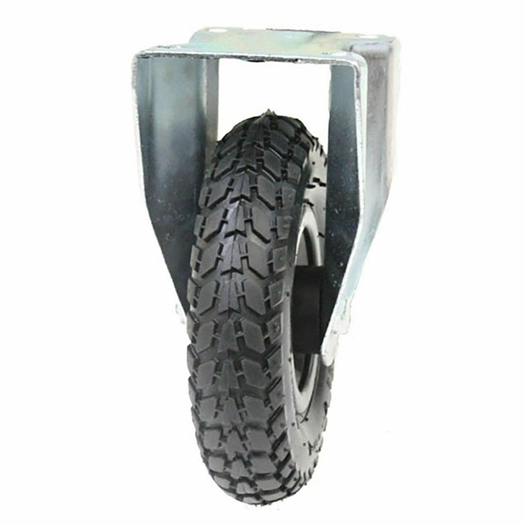 300 series 200mm fixed top plate 146x107mm castor with black pneumatic block patterned rubber tyre on black plastic rim roller bearing wheel 100kg