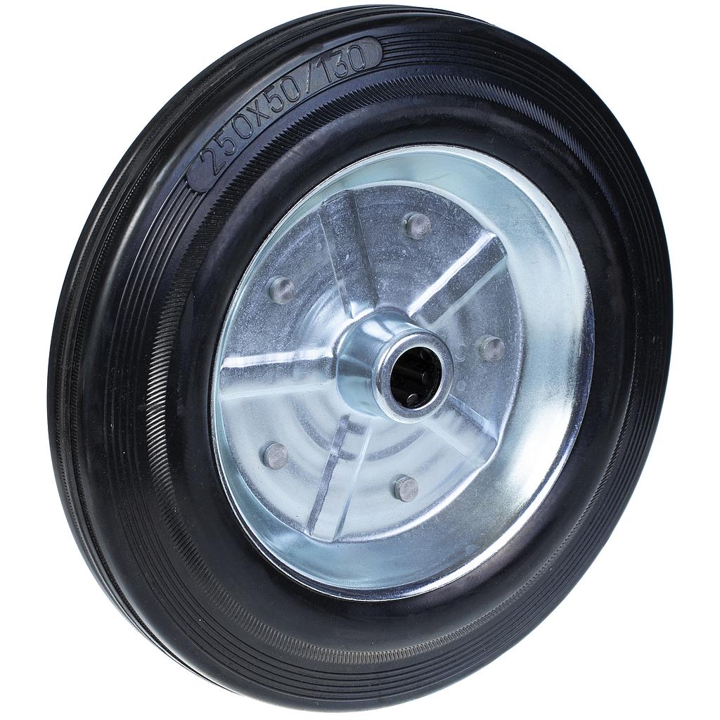 250mm black rubber on pressed steel centre 20mm bore hub length 57mm roller bearing 210kg