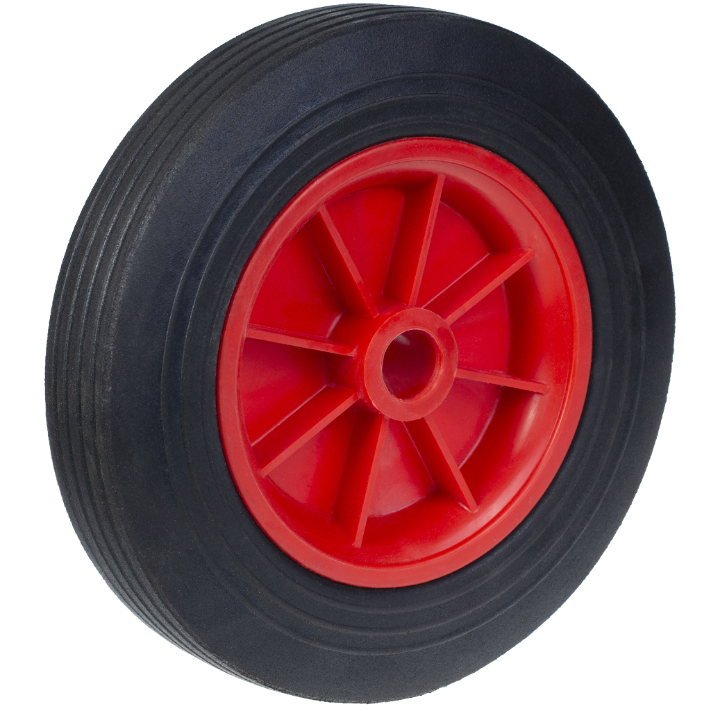Wheel series 250mm black rubber on red polypropylene centre 25.4mm (1") bore hub length 51mm plain bearing 250kg