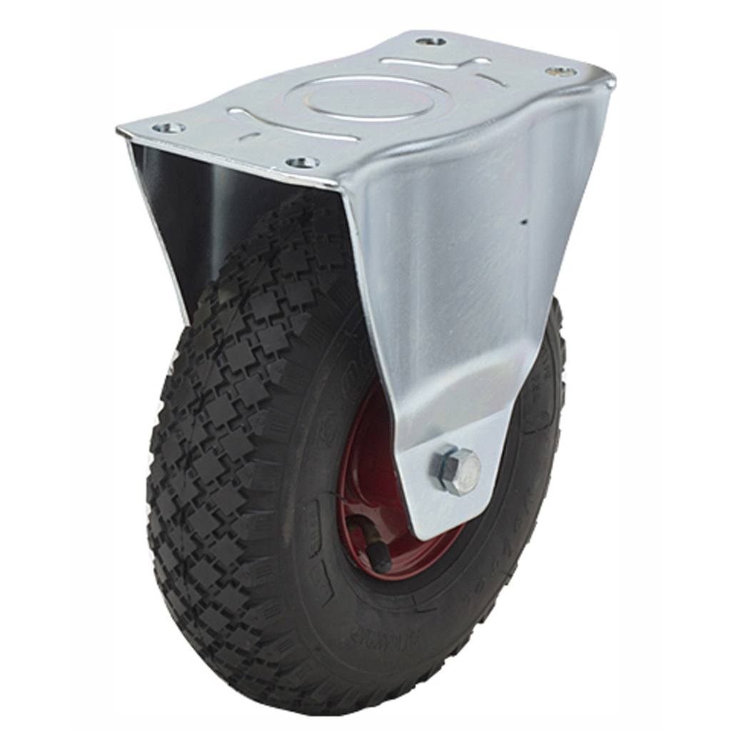 HXP series 3.00x4 fixed top plate 230x130mm castor with black pneumatic block patterned rubber tyre on red steel rim roller bearing wheel 150kg