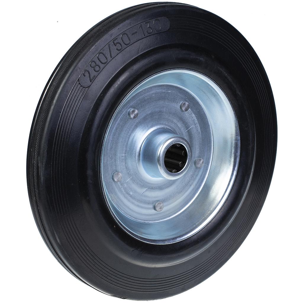 Wheel series 280mm black rubber on pressed steel centre 25mm bore hub length 57mm roller bearing 220kg