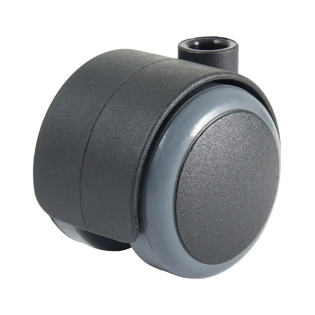 GR5016 Series 2x50mm black twin wheel castor with dark grey polyurethane tread on black nylon centre wheels, no fitting