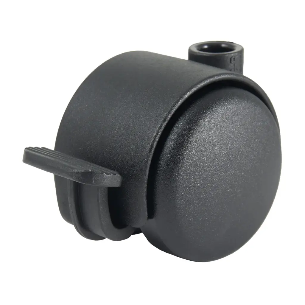 GR5016 Series 2x50mm black twin wheel castor with foot brake, no fitting, black nylon wheels