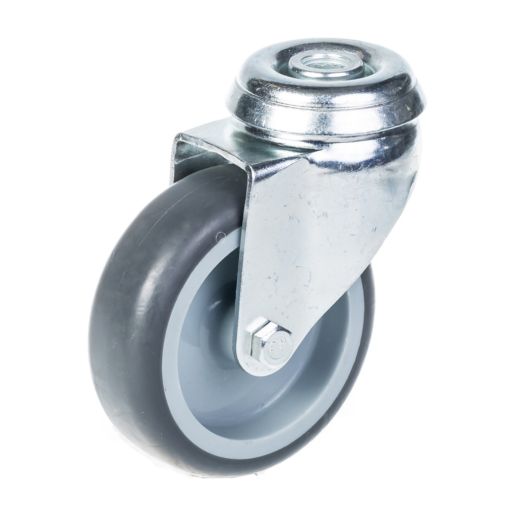 100 series 100mm swivel bolt hole 10mm castor with grey thermoplastic rubber on polypropylene centre plain bearing wheel 80kg