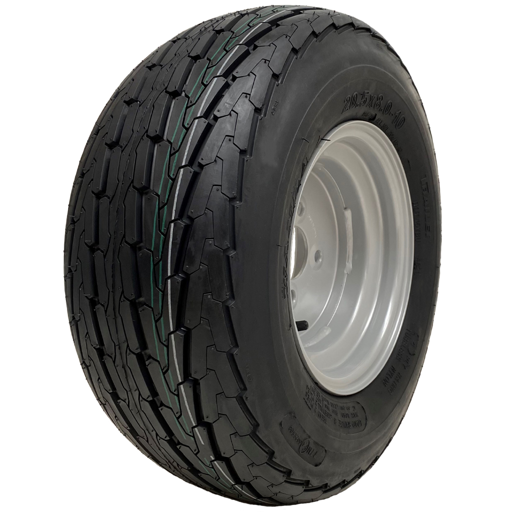 20.5x8.00-10 4pr Journey Trailer tyre on silver steel rim 4/100/60, 412kg load capacity
