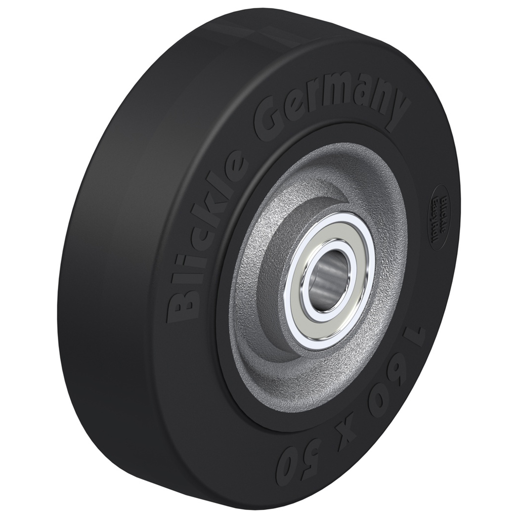 SE 160/20K Wheel series 160mm black elastic rubber on welded steel centre 20mm bore hub length 60mm ball bearings 450kg
