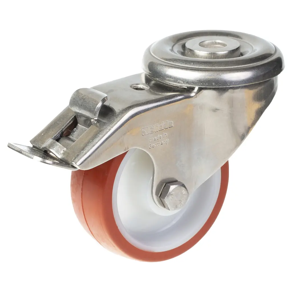 300SS series 80mm stainless steel swivel/brake bolt hole 12mm castor with polyurethane on nylon centre plain bearing wheel 120kg