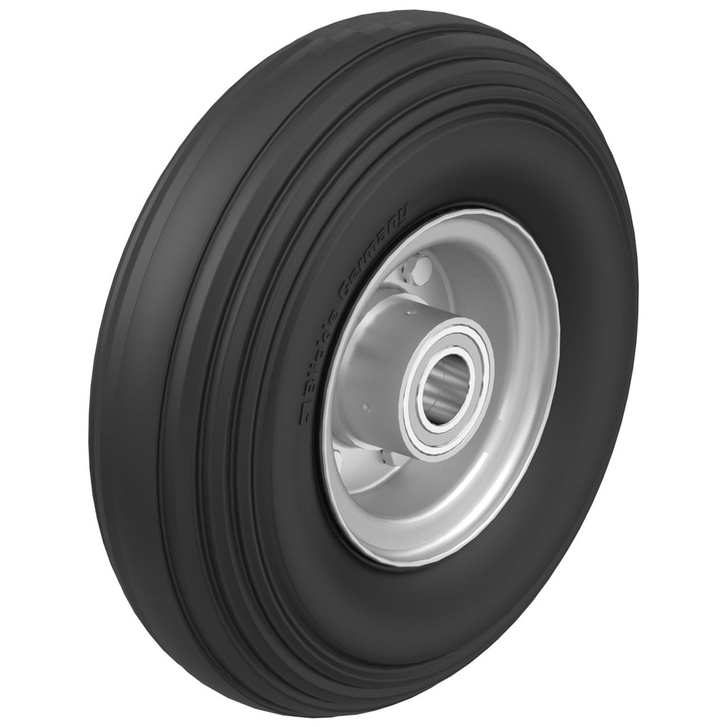 V 256/25-75K 250x85mm black rubber on pressed steel centre 25mm bore hub length 75mm ball bearings 350kg