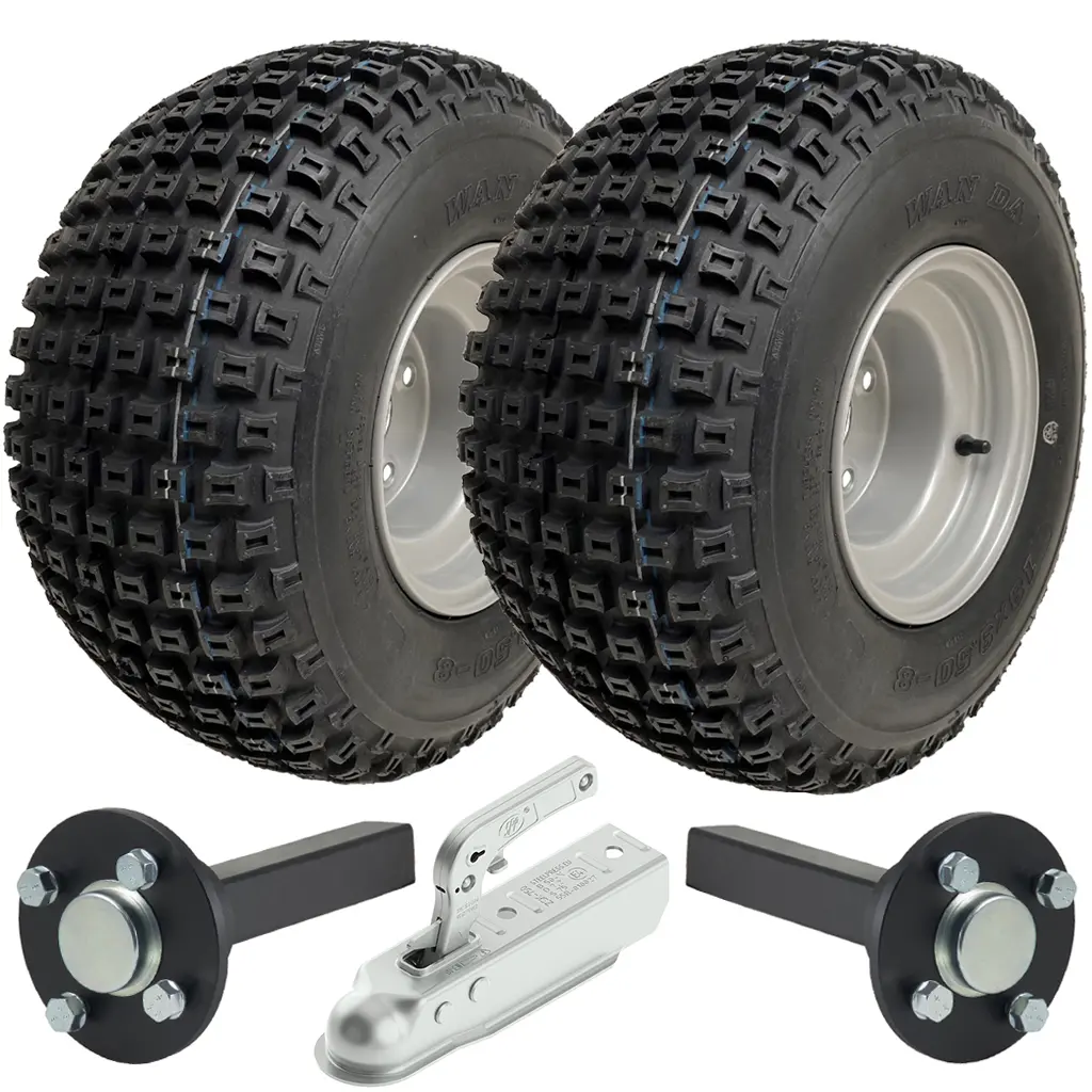 ATV Trailer Kit, 18x9.50-8 4pr P322 Knobby tyre, Hub/stub axle 35x35mm, pressed hitch, 200kg load capacity