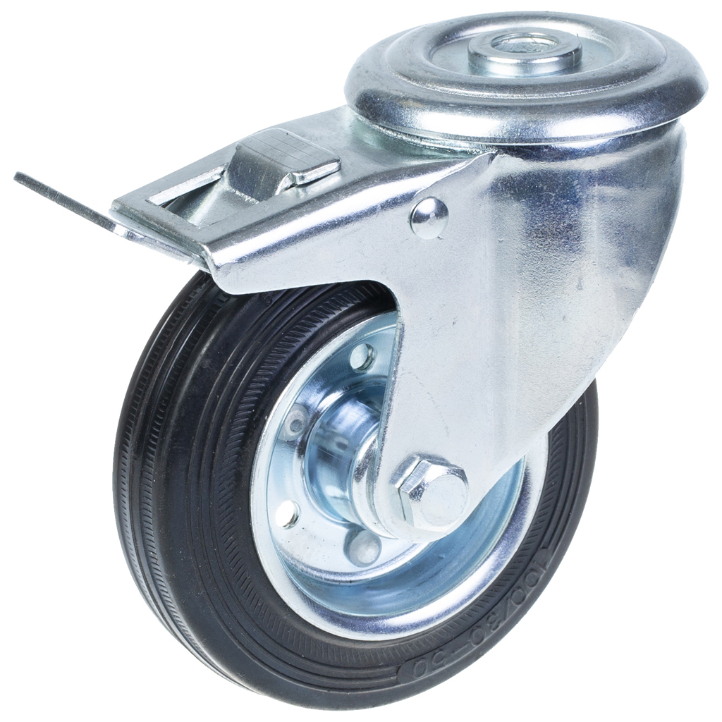 300 series 100mm swivel/brake bolt hole 12,5mm castor with black rubber on pressed steel centre roller bearing wheel 90kg