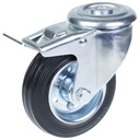 300 series 100mm swivel/brake bolt hole 12,5mm castor with black rubber on pressed steel centre roller bearing wheel 90kg