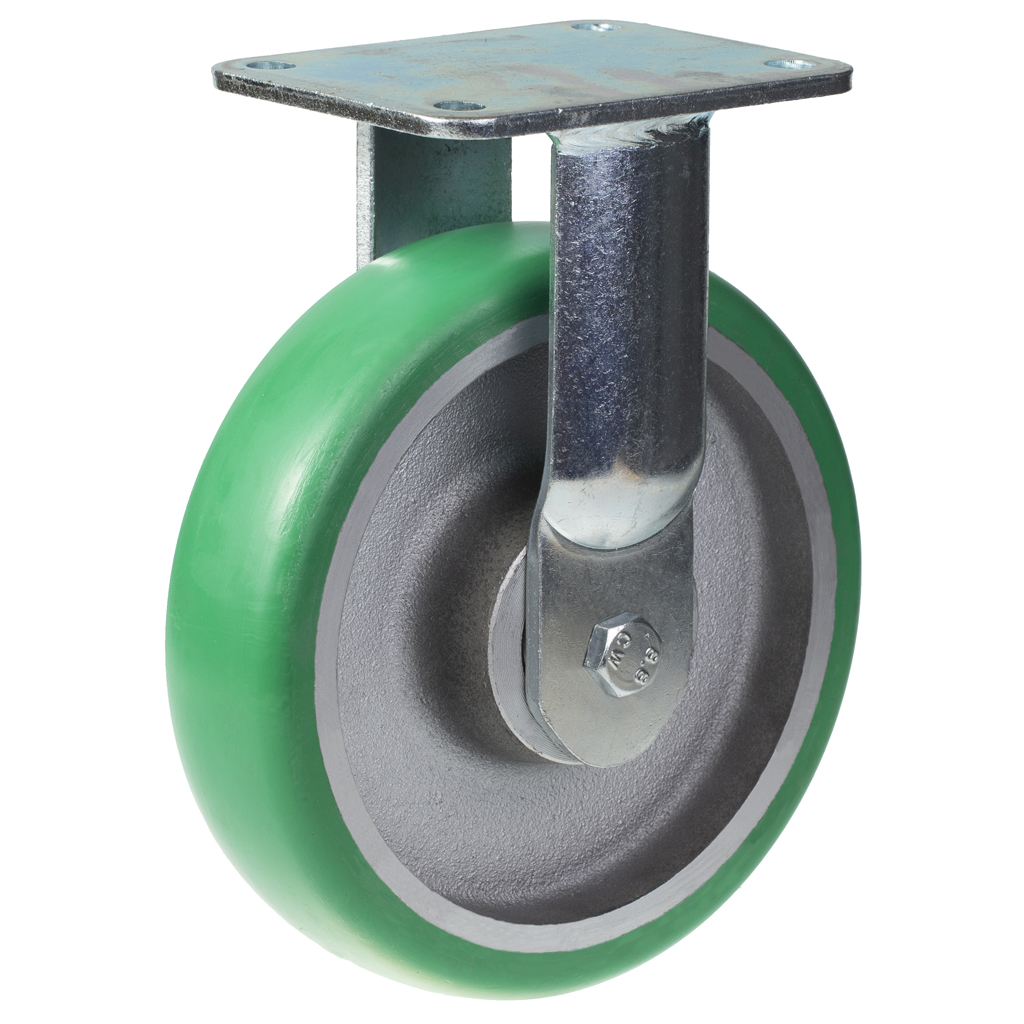1500 series 200mm fixed top plate 135x110mm castor with green convex elastic polyurethane on cast iron centre ball bearing wheel 700kg