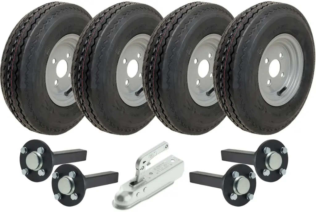 Set of 4 - 4.00-8 6ply P811 Trailer Wheel 4/100mm & Hub & Stub axle 4/100 M12 wheel bolt 35x35mm Hi speed & SPP 750kg Pressed Hitch