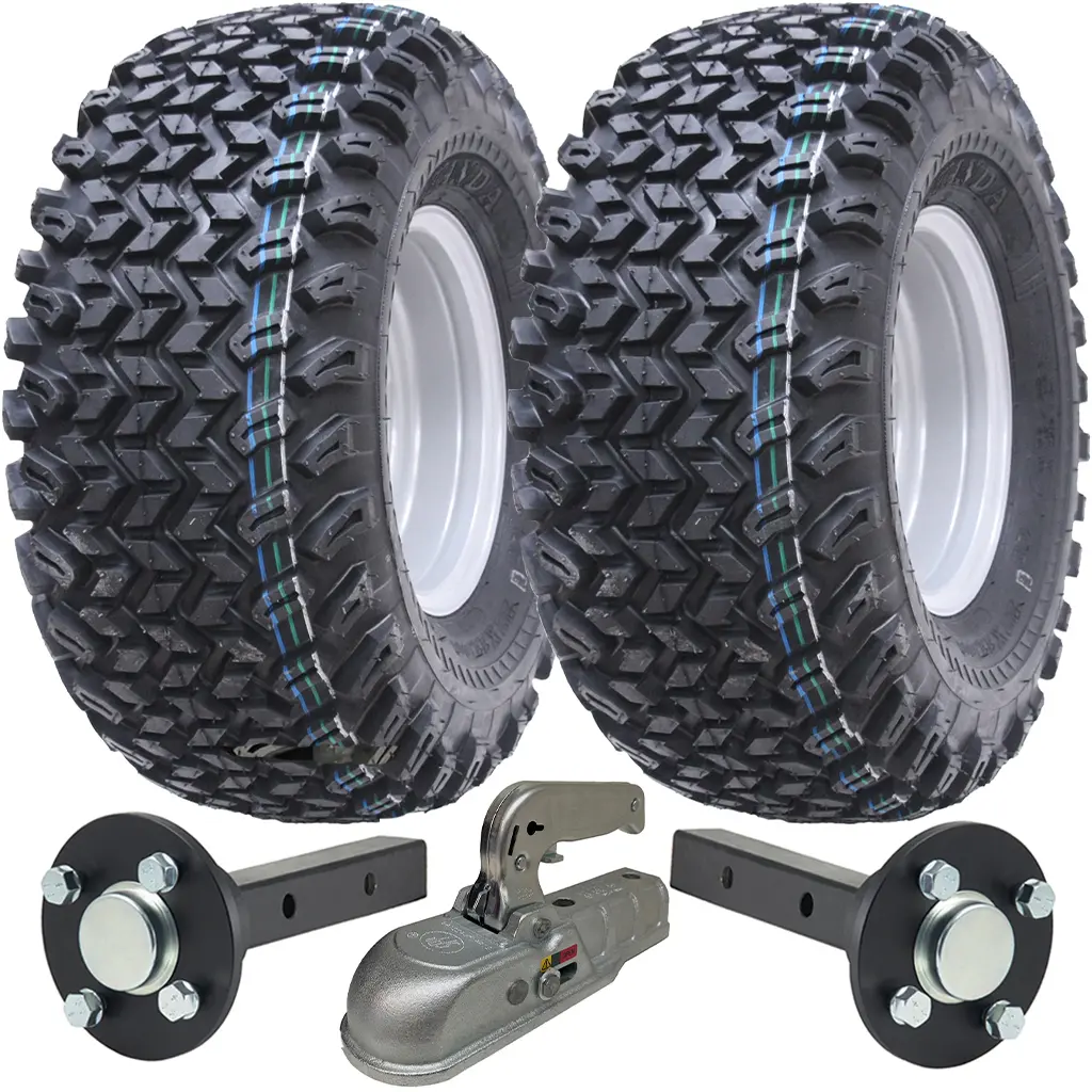 Set of 2 - 22x11.00-10 4ply WANDA P334 UTILITY WHEEL 4/100 Silver RIM & Hub & Stub axle 4/100 M12stud  40x40 High speed (waterproof) with SPP 3000kg Cast body / pressed handle hitch 25 KPH Max