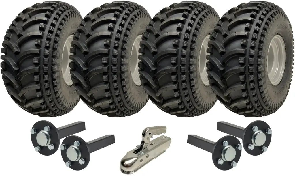 Kit of 4 - 22x11.00-8 P308 ATV tyre ON 4/100mm Rim with Hub & Stub axle 4/100 M12 wheel bolt  35x35mm hub & stub and 750kg Pressed hitch