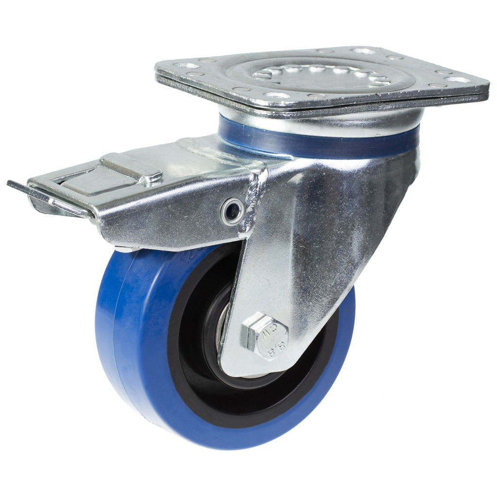 800 series 125mm swivel/brake top plate 135x110mm castor with blue elastic rubber on nylon centre ball bearing wheel 250kg