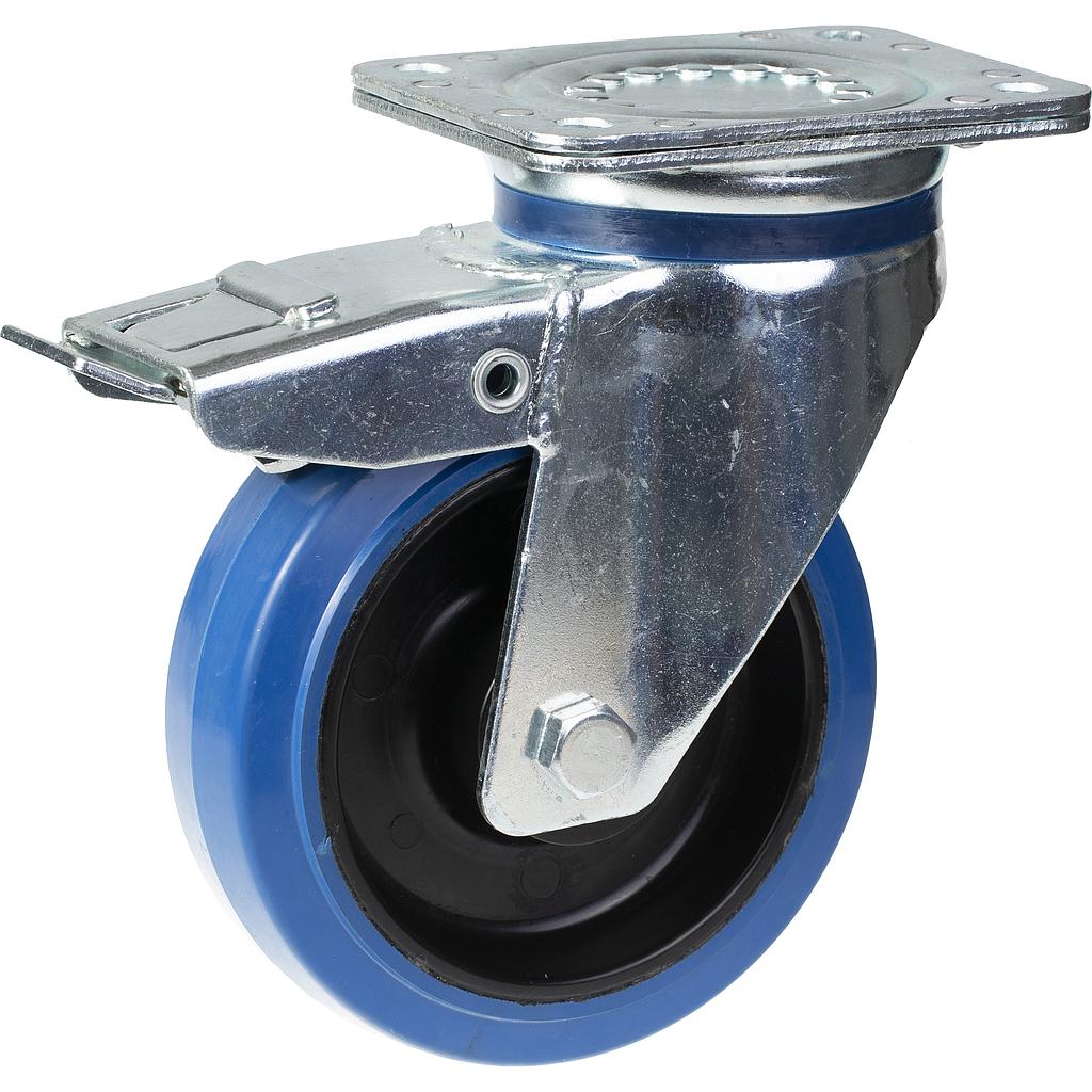 800 series 160mm swivel/brake top plate 135x110mm castor with blue elastic rubber on nylon centre ball bearing wheel 350kg