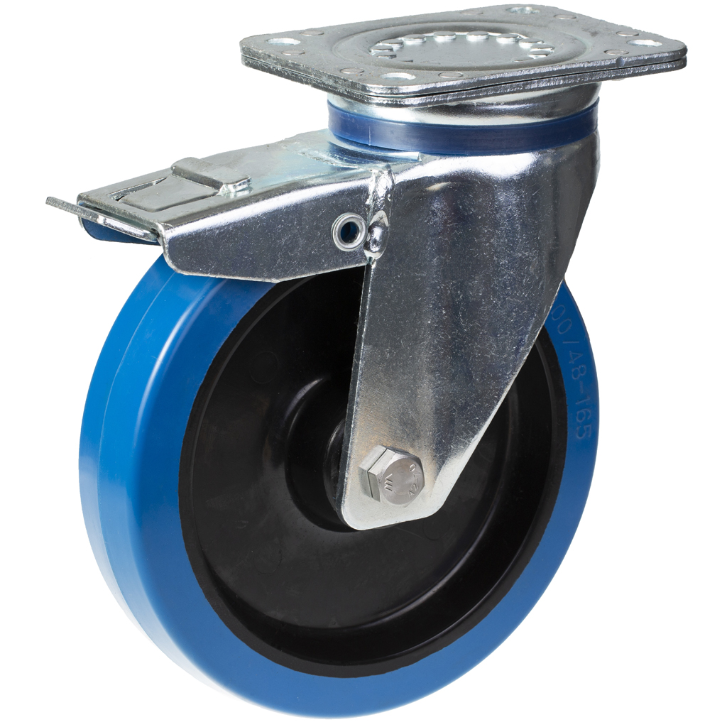800 series 200mm swivel/brake top plate 135x110mm castor with blue elastic rubber on nylon centre ball bearing wheel 400kg