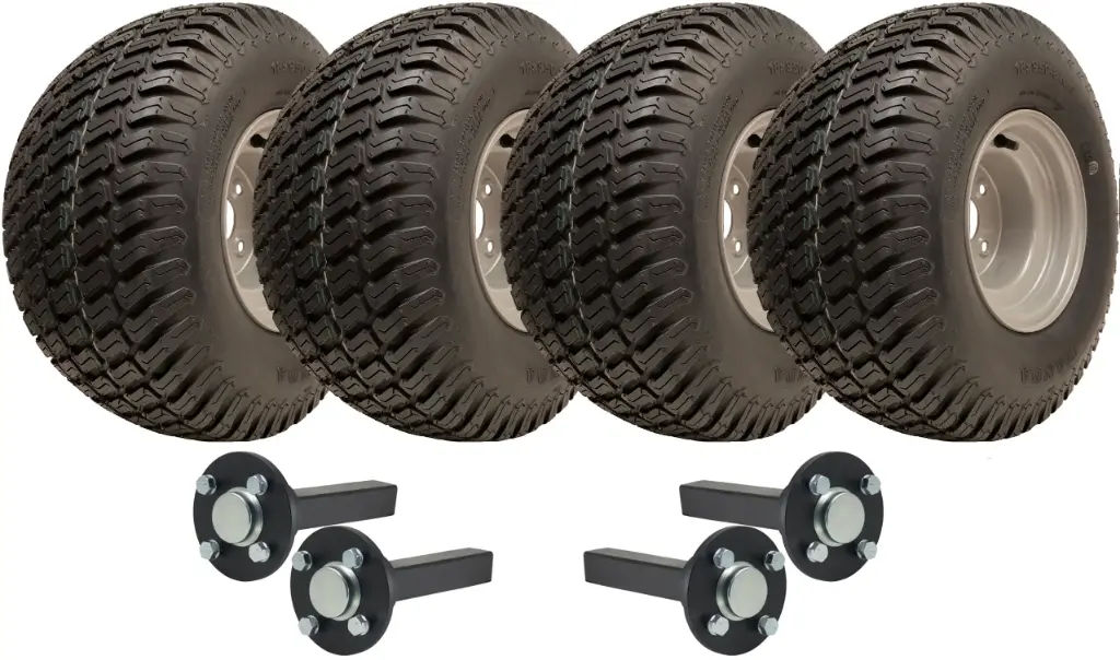 Set of 4 - 18x9.50-8 6ply Wanda P332 grass tyre on 4/100mm RIM & Hub & Stub axle 4/100 M12 wheel bolt 35x35mm