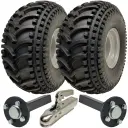 Kit of 2 - 22x11.00-8 P308 ATV tyre on 4/100mm Rim & Hub & Stub axle 4/100 M12 wheel bolt 35x35mm hub & stub & 750kg Pressed hitch