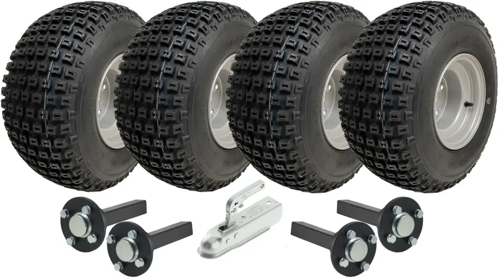 Set of 4 - 18x9.50-8 4ply P322 KNOBBY WHEEL 4/100 & Hub & Stub axle 4/100 M12 wheel bolt  35x35mm & SPP 750kg Pressed hitch
