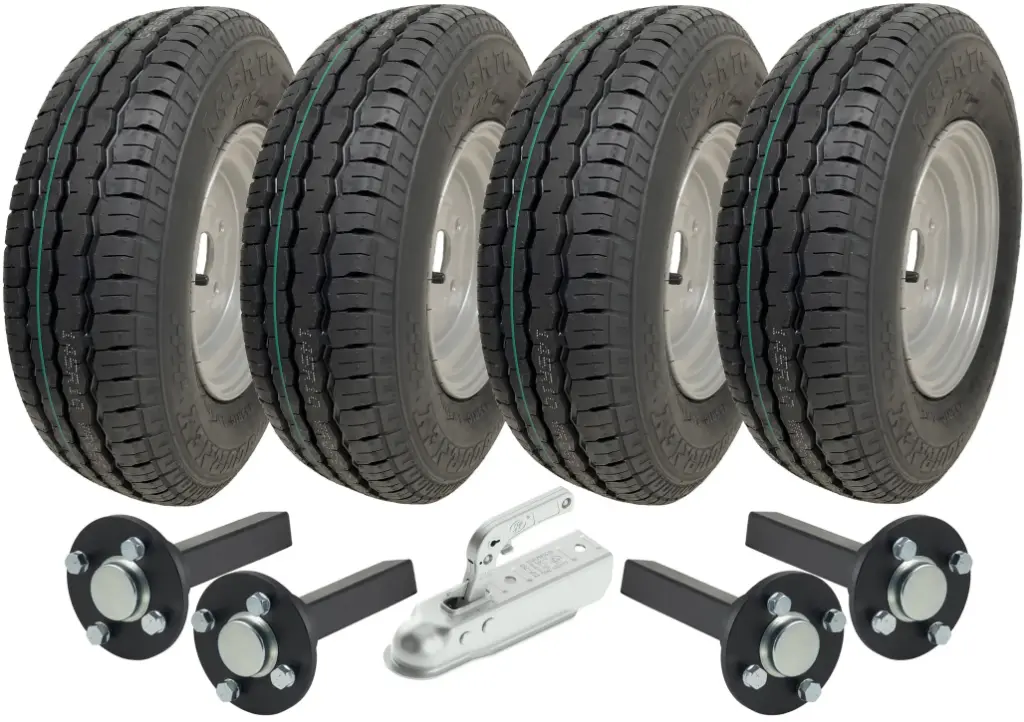 Set of 4 - 145x10 Wanda WR068 TRAILER WHEEL 4/100mm & Hub & Stub axle 4/100 M12 wheel bolt 35x35mm Hi speed & 750kg Pressed hitch