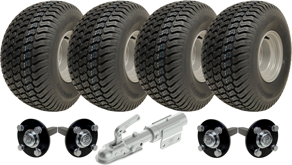 Set of 4 - 20x10.00-8 4ply P332 GRASS on 4/100 & Hub & Stub axle 4/100 M12stud  40x40 High speed (waterproof) & SPP Swivel hitch 1700kg (off-road use)