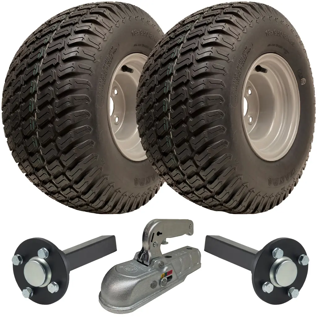 Set of 2 - 18x9.50-8 6ply Wanda P332 grass tyre on 4/100mm RIM & Hub & Stub axle 4/100 M12 wheel bolt 35x35mm High speed & SPP 2500kg cast coupling 25 KPH Max