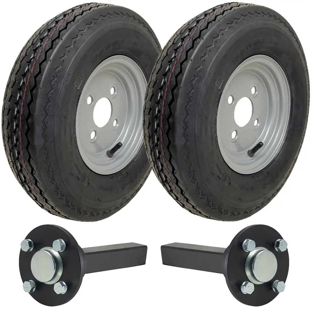 Set of 2 - 4.00-8 6ply P811 Trailer Wheel 4/100mm & Hub & Stub axle 4/100 M12 wheel bolt  35x35mm Hi speed
