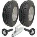 Set of 2 - 145x10 Wanda WR068 TRAILER WHEEL 4/100mm & Hub & Stub axle 4/100 M12 wheel bolt 35x35mm Hi speed & 750kg Pressed hitch