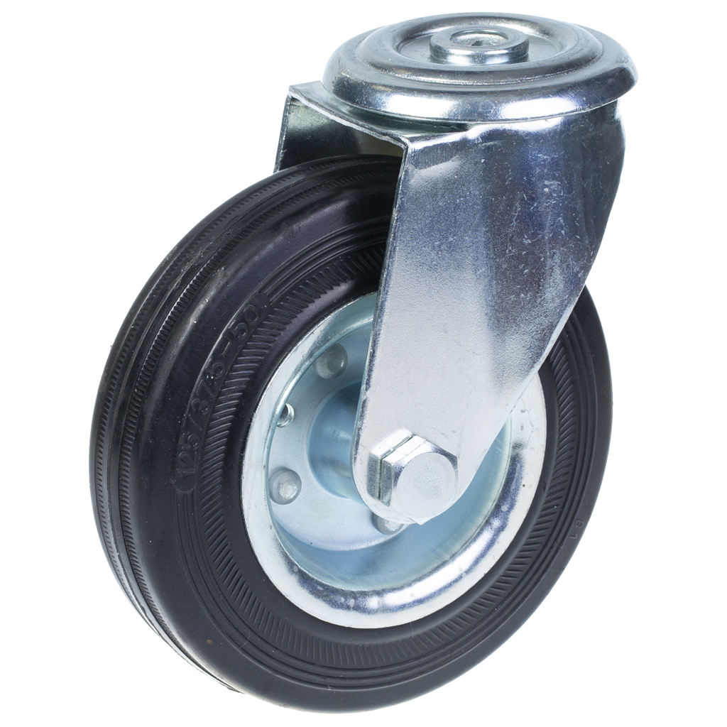 300 series 125mm swivel bolt hole 12,5mm castor with black rubber on pressed steel centre roller bearing wheel 120kg