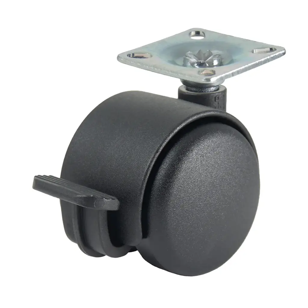 GR5016 Series 2x50mm black twin wheel swivel/brake top plate 38x38mm castor with black nylon wheels 50kg