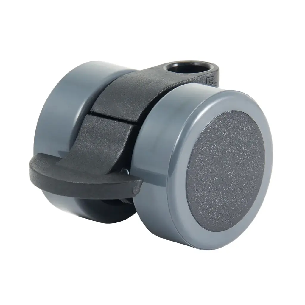 GRX38 Series 2x38mm black twin wheel castor with foot brake, no fitting, dark grey polyurethane tread on black nylon centre wheels