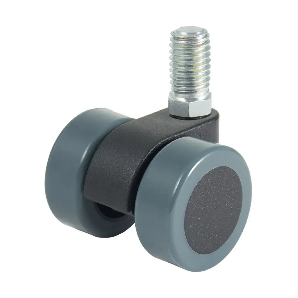 GRX30 Series 2x30mm black twin wheel swivel threaded stem M10x16mm castor with dark grey polyurethane tread on black nylon centre wheels 40kg