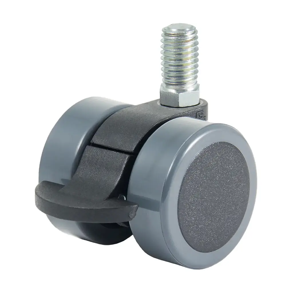 GRX38 Series 2x38mm black twin wheel swivel/brake threaded stem M10x15mm castor with dark grey polyurethane tread on black nylon centre wheels 60kg