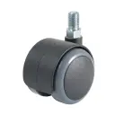 GR5016 Series 2x50mm black twin wheel swivel threaded stem M10x15mm castor with dark grey polyurethane tread on black nylon centre wheels 50kg