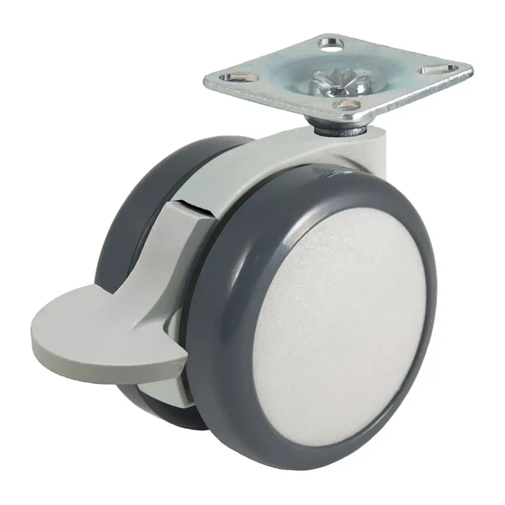 GRX6518 Series 2x65mm light grey twin wheel swivel/brake top plate 38x38mm castor with dark grey polyurethane tread on light grey nylon centre wheels 50kg