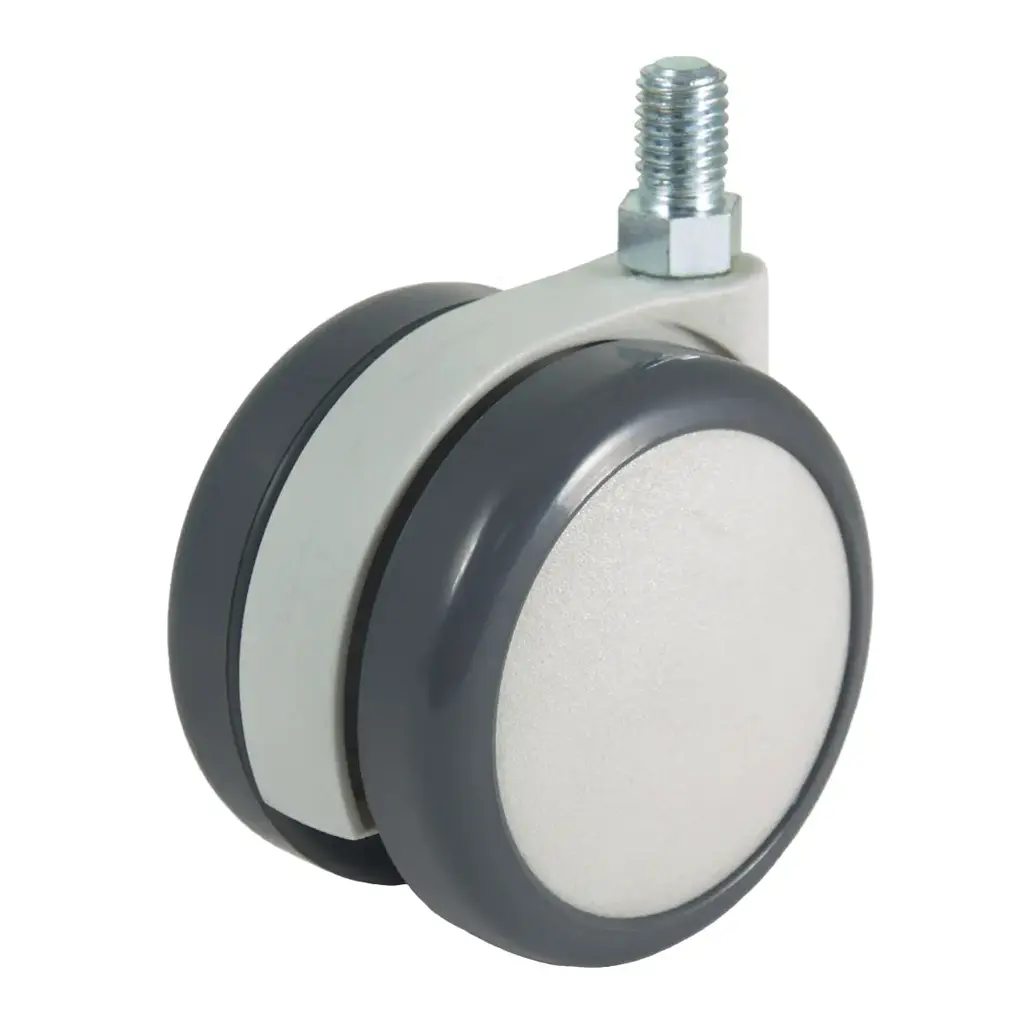 GRX6518 Series 2x65mm light grey twin wheel swivel threaded stem M10x15mm castor with dark grey polyurethane tread on light grey nylon centre wheels 50kg