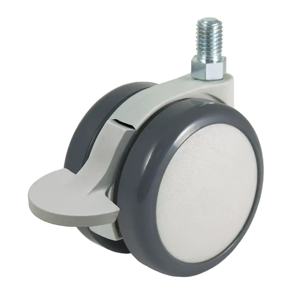 GRX6518 Series 2x65mm light grey twin wheel swivel/brake threaded stem M10x15mm castor with dark grey polyurethane tread on light grey nylon centre wheels 50kg