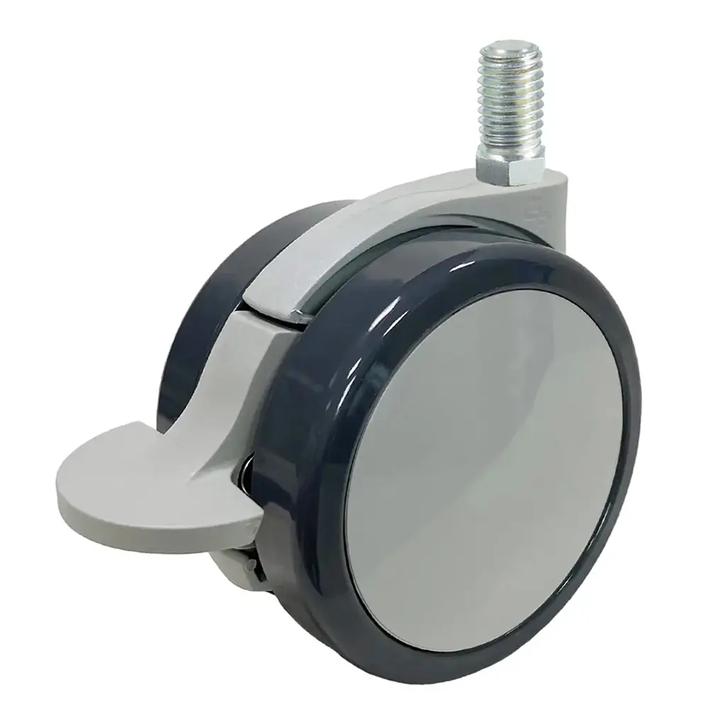 GRX7522 Series 2x75mm light grey twin wheel swivel/brake threaded stem M10x15mm castor with dark grey polyurethane tread on light grey nylon centre wheels 75kg