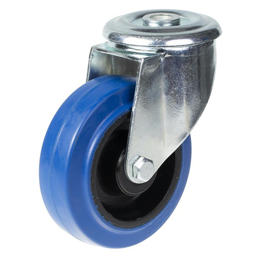 300 series 100mm swivel M12 bolt hole castor with blue elastic rubber on nylon centre roller bearing wheel 150kg