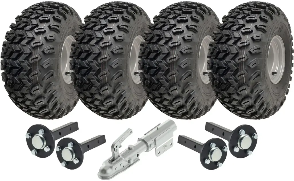 Kit of 4 - 22x11.00-8 4pr Wanda P334 Utility tyre E-marked TL on silver steel rim 4/100/60 & Hub & Stub axle M12 wheel bolt 40x40mm square & SPP Swivel hitch (off-road use)