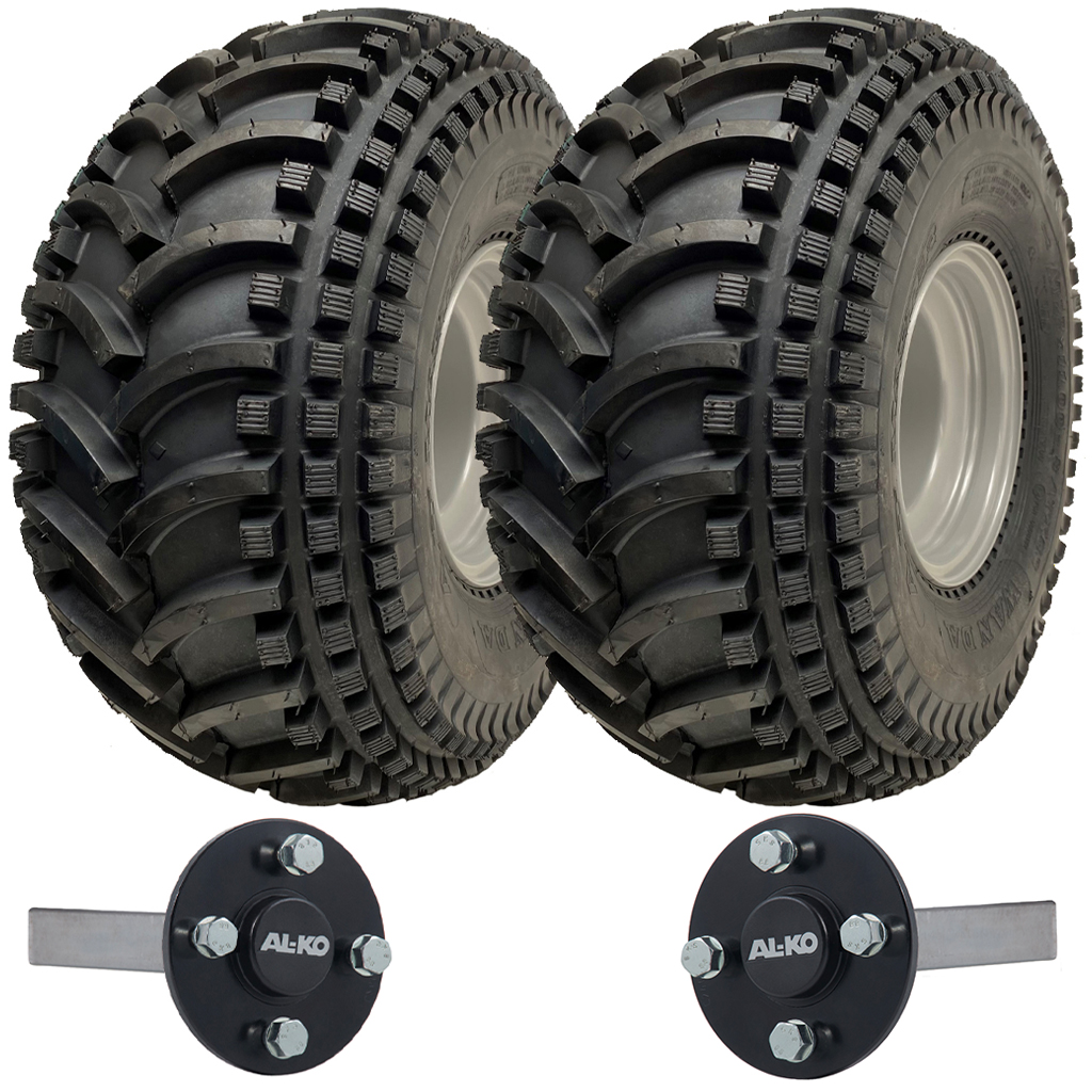 Kit of 2 - 22x11.00-8 P308 ATV tyre on 4/100mm Rim & Hub & Stub axle 4/100 M12 wheel bolt 35x35mm(Alko)