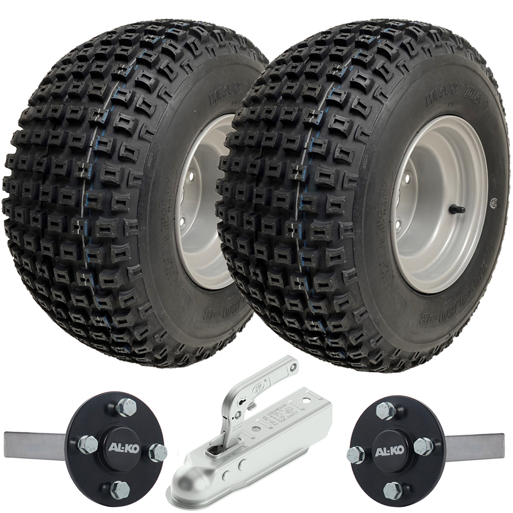 ATV Trailer Kit, 18x9.50-8 4pr P322 Knobby tyre, Hub/stub axle 35x35mm (Alko), pressed hitch, 200kg load capacity