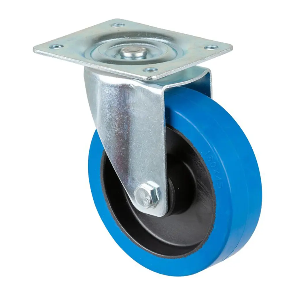 L400.B61.160 160mm swivel top plate 135x110mm castor with blue elastic rubber on polypropylene centre roller bearing wheel 300kg
