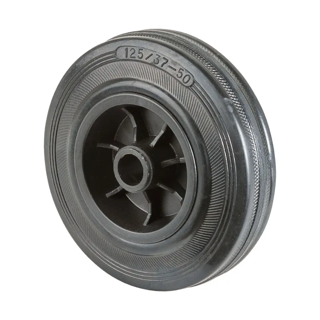 B40.126 Wheel series 125mm black rubber on polypropylene centre 15mm bore hub length 43mm plain bearing 100kg