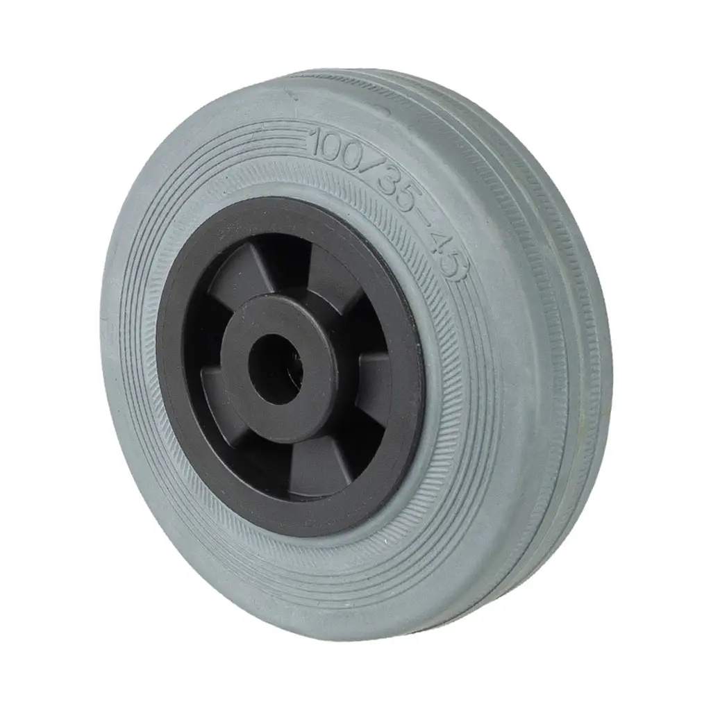 B46.100 Wheel series 100mm grey rubber on polypropylene centre 12mm bore hub length 40mm roller bearing 70kg