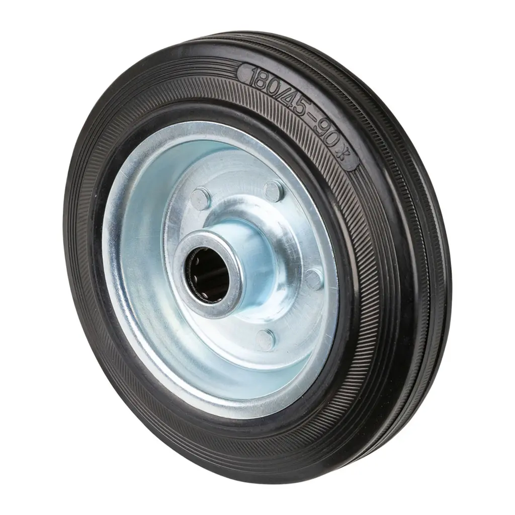 B55.180, Wheel series 180mm black rubber on zinc plated steel centre 20mm bore hub length 58mm roller bearing 170kg