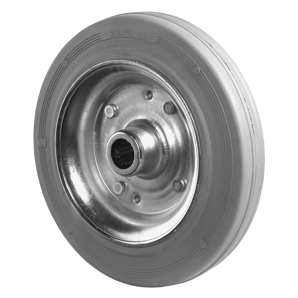 B56.200 Wheel series 200mm grey rubber on zinc plated steel centre 20mm bore hub length 60mm roller bearing 205kg